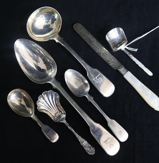 Three silver caddy spoons including one by Cocks & Bettridge, Birmingham, 1815, three other silver spoons and a dessert knife.